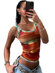 Women Summer Mesh Tank Top | Vintage Print | Crop Top | Tee
