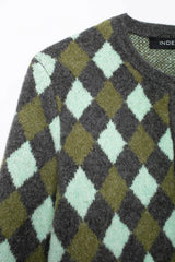 Women Vintage Argyle Sweater | Long Sleeve | Pockets | Knitted Cardigan