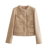 Gold Camel O-neck Tweed Short Coat Women