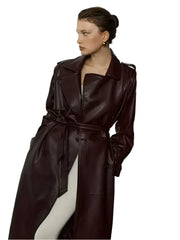 Women Burgundy Long Leather Jacket