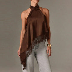 Women Asymmetrical  Lace Satin Top | Silk Vest | Draped Choker | Halter Neck | Cami