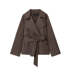Women British Style Lapel Double-Breasted Coat | Short Trench Coat With Belt