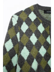 Women Vintage Argyle Sweater | Long Sleeve | Pockets | Knitted Cardigan
