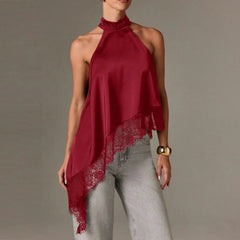 Women Asymmetrical  Lace Satin Top | Silk Vest | Draped Choker | Halter Neck | Cami
