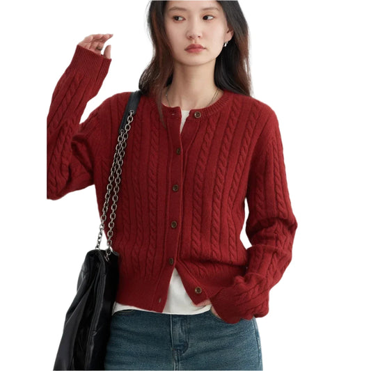 Women Cherry Red Wool Cardigan