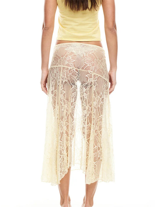 Women Midi Skirt | Lace Floral | Low Waist Skirt | Summer Casual See Through Skirt