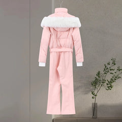 Women Pink Ski Wear Jumpsuit | Long Sleeve | Hoodie | Wide Leg Jumpsuit | Winter | Thick | Warm