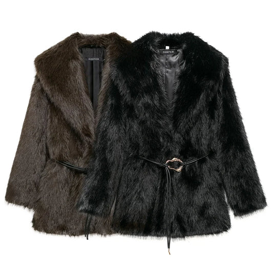 Women Fur Coat with Belt | Medium Long Coat | Long Sleeve | Loose Coat