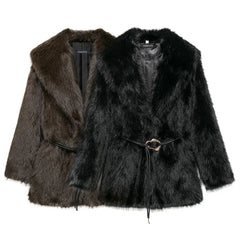Women Fur Coat with Belt | Medium Long Coat | Long Sleeve | Loose Coat