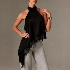Women Asymmetrical  Lace Satin Top | Silk Vest | Draped Choker | Halter Neck | Cami