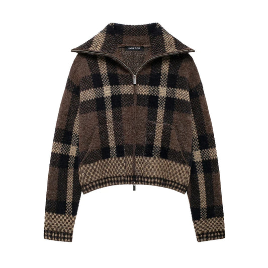 Women Short Knitted Jacket | Check-Knit Winter Bomber Jacket