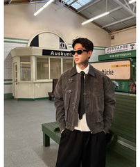 Men Suede Jacket | Loose Collar | Airplane Buckle