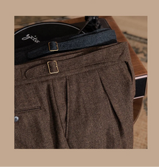Men Vintage Wool Herringbone Pattern Pants | Casual | British | Warm | High Waist | Straight Pants