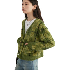 Women Knitted Plaid Cardigan | Knitted V-Neck Sweater