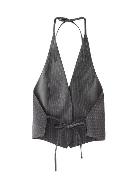 Women's Striped Sleeveless Waistcoat | Vintage V-Neck Backless Lace Up Vest | Chic Vest Tank Top