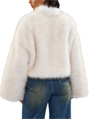 Women Cropped Patchwork Feathers Coat |  V-Neck Long Sleeve Open Stitch Short Fur Coat
