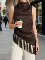 Women Summer Satin Tassel Hem Top | Brown | Sleeveless | High Neck | Long Tank Top