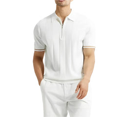 Men Summer Lapel Zipper Polo Top | Business Casual | Vertical Lines Solid Color Polo