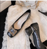 Women Black Rhinestone Leather Buckle Shoes