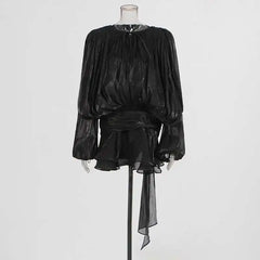 Women Flowy Mini Dress | V Neck | Long Sleeve | Spliced | Lace Up | Blouse Dress