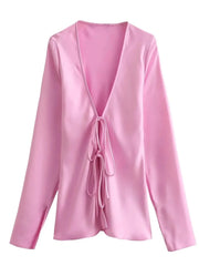Women Satin Loose Tie Bow Blouse | Long Sleeve Silk Casual Shirt