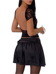 Women Lace Backless Top | See-Through Slim Fit Crop Top | Vintage Short Sleeve Lace Blouse