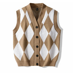 Men Plaid Sweater Vest | Sleeveless V-Neck Button Cardigan | Office Knitted Vest