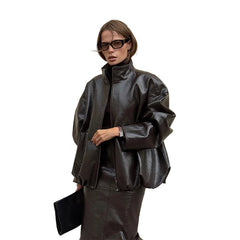 Woman Glossy Leather Two Piece Set | Leather Jacket | Straight Long Leather Skirt | Autumn | Stand Collar Zipper Jacket |