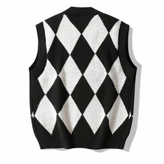 Men Plaid Sweater Vest | Sleeveless V-Neck Button Cardigan | Office Knitted Vest