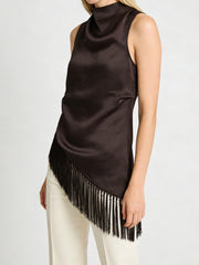 Women Summer Satin Tassel Hem Top | Brown | Sleeveless | High Neck | Long Tank Top