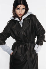 Women Vintage Leather Long Coat | Double Breasted | Winter Long Coat