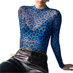 Women Leopard Long Sleeve Mesh Top | Basic Crew Neck Cheetah Print Top | See Through Top