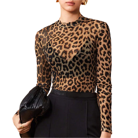 Women Leopard Long Sleeve Mesh Top | Basic Crew Neck Cheetah Print Top | See Through Top