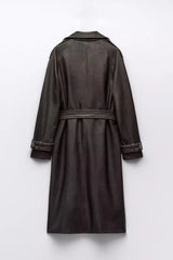 Women Vintage Leather Long Coat | Double Breasted | Winter Long Coat