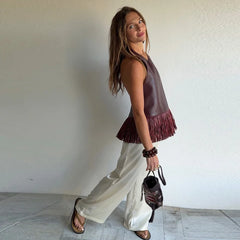 Women Vintage Leather Tassel Vest | Sleeveless | Backless | Halter Top