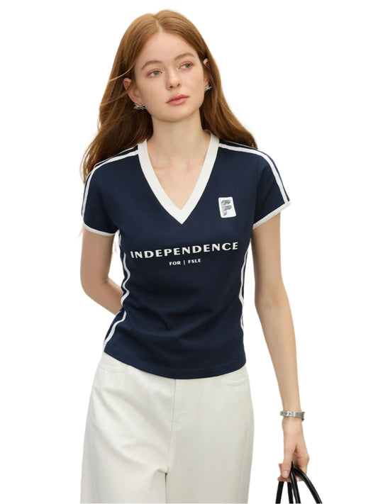 Women Summer Cotton V Neck Sporty Cropped Jersey Tee | Y2K |  Breathable