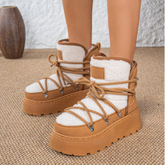 Women Winter Thick-Soled Cross-Tie Snow Boots | Mid-Length Warm Boots