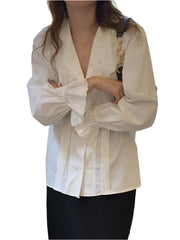 Women Vintage V Neck Blouse | White Summer Cotton Oversize Loose Shirt