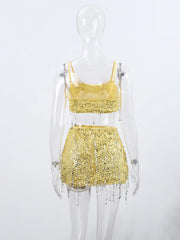 Women Summer Tassel Top With Mini Skirt Set | Sequin Crop Top | Backless | Beach Holiday