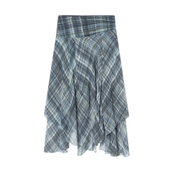 Women Blue Plaid Pleated Skirt | Asymmetrical Hem | High Waist | Long Skirt | Y2k