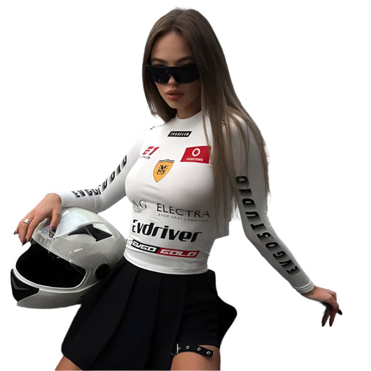 Women Cropped Motorcycle Style Top | Round Neck | Fitted Sports Top