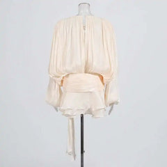 Women Flowy Mini Dress | V Neck | Long Sleeve | Spliced | Lace Up | Blouse Dress