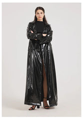 Women Black Shiny Leather Trench Coat | Luxury Designer | Floor Length | Glossy Leather Coat | Reflective | Soft Patent