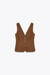 Women Brown Casual Pleated Pants | V Neck Vest Top | Set