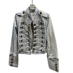 Women Metal Rib Button Denim Jacket | Cropped Jacket | Washed Effect | Napoleon Jacket | Slim