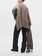 Women Winter Loose Knitted Coat with Scarf | Straight Cut | Long Sleeves | Warm Cardigan