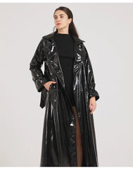 Women Black Shiny Leather Trench Coat | Luxury Designer | Floor Length | Glossy Leather Coat | Reflective | Soft Patent