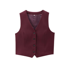 Women Burgundy Button Fitted Waistcoat and Wide Leg Pants | 2 Piece Set | High Waist Pleated Pants