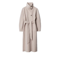 Women Long Cotton Coat | Stand Collar | Single Breasted Coat With Belt
