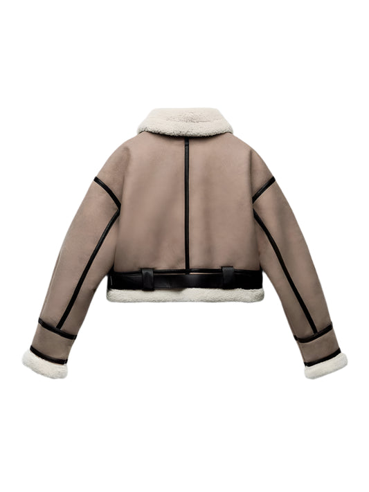Women Spliced Leather Short Soft Fur Jacket | Female Zipper Belt Coat